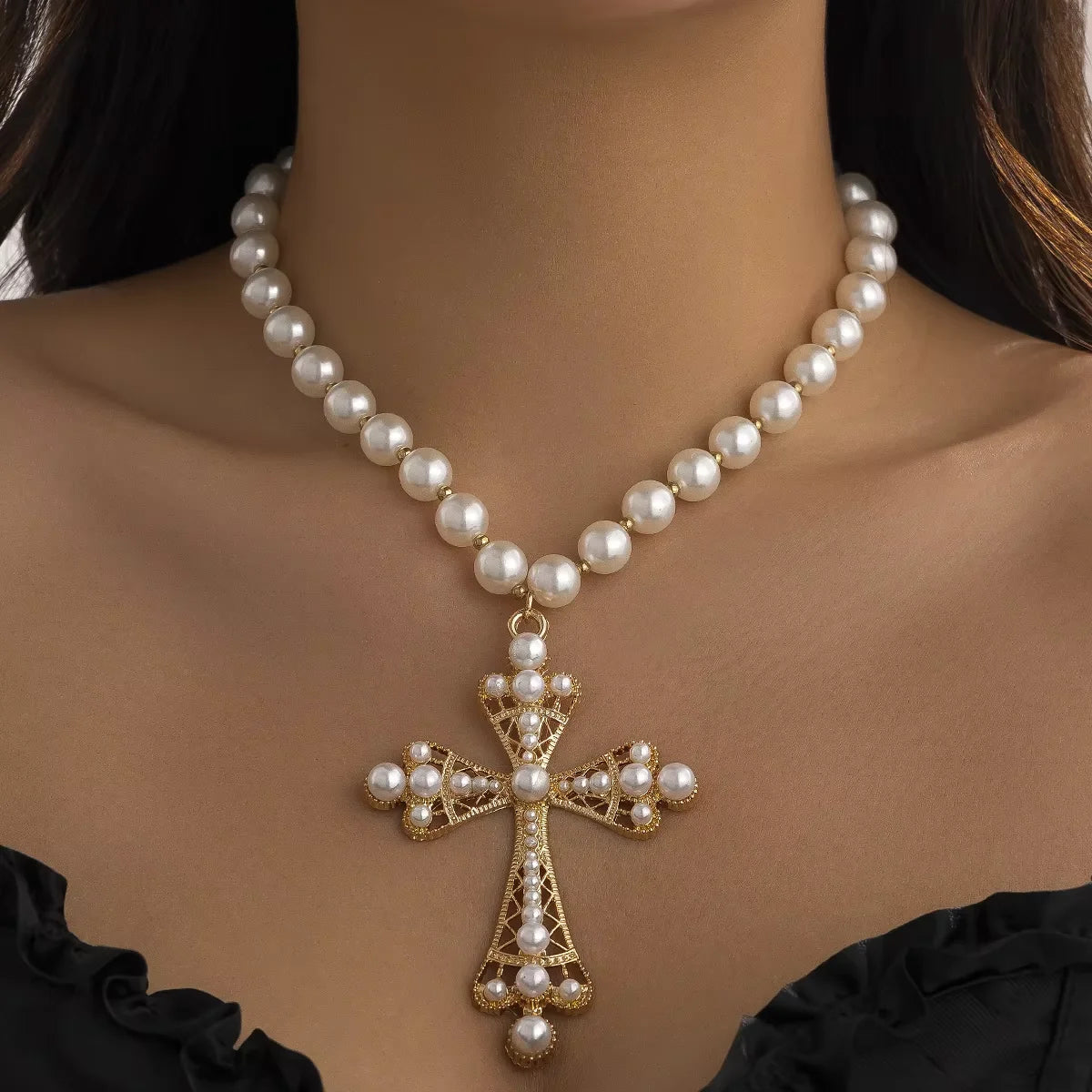 Charms Pearl Beads Chain with Large Cross Pendants Necklaces for Women Trendy Beaded Chains Accessories on Neck Fashion Jewelry