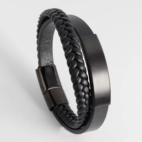 High Quality Width Genuine Leather Hand Woven 316L Stainless Steel Magnet Clasp Wrap Bracelet Custom Logo for Men