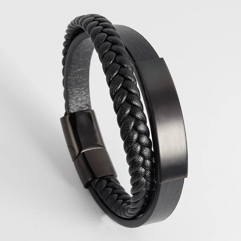 High Quality Width Genuine Leather Hand Woven 316L Stainless Steel Magnet Clasp Wrap Bracelet Custom Logo for Men