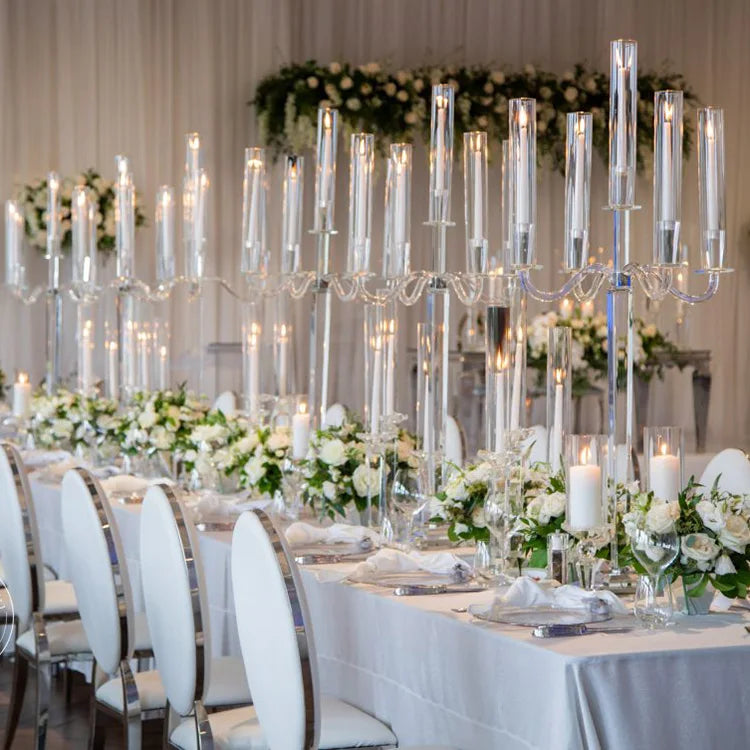 MH-TZ0254 Tall Glass Hurricane 5 Arms Wedding Crystal Glass Candelabra