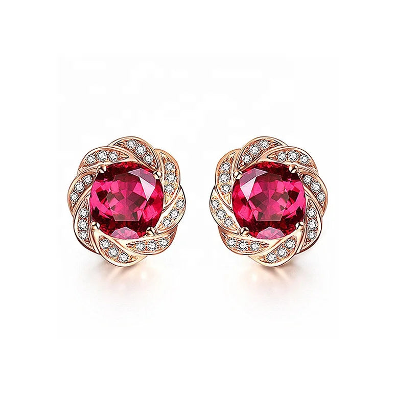 Fashion Bijoux Rose Gold Plated Flower Red Crystal Ruby Diamonds Stud Earrings