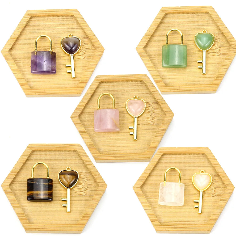 Custom Cute Key&lock Sets Pendant Natural Amethyst Rose Quartz Silver Plating Lock Pendant Key Shape Unisex Jewelry