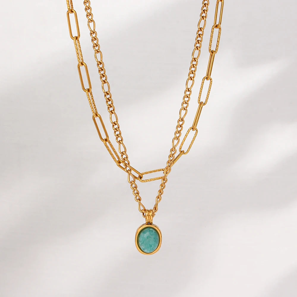 Engagement Wedding Women Gift Oval Natural Turquoise Green Stone Paper Clip Pendant Necklace Sets