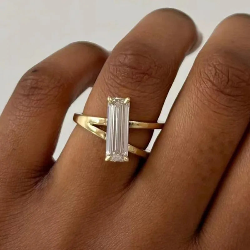 High End 18K Plain Gold Rectangle Zirconia Dainty Double Layer Rings Stainless Steel Trendy Simple Gold Plated Jewelry