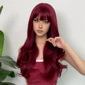 Factory Wholesale Price Red Long Natural Wavy Wig High Temperature Synthetic Wigs with Bangs Red Colorful Hair for Black Women