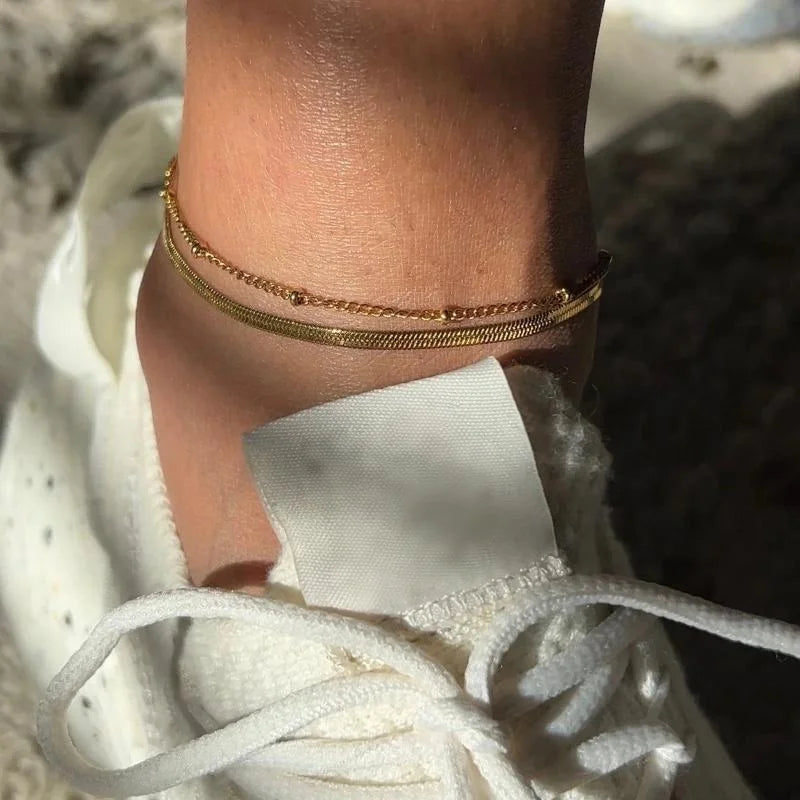 G3842 Wholesale Stainless Steel Double Layer Beach Anklet Women 18k Gold Plated Blade Snake Chain Foot Chains Jewelry Anklets