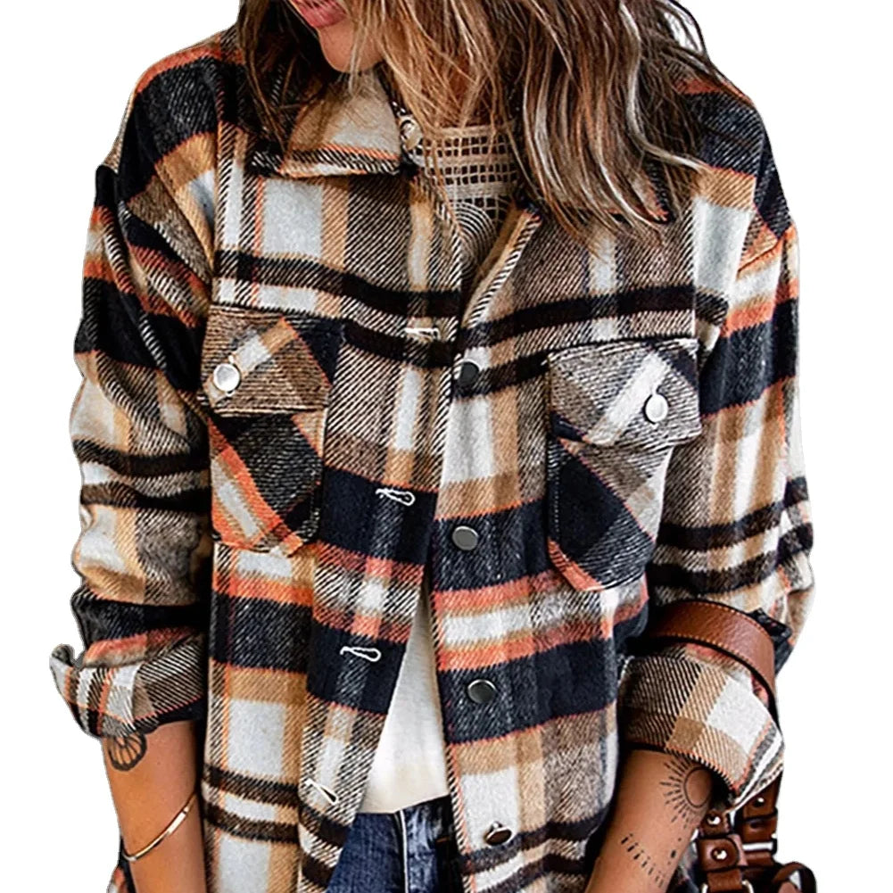 2025 New Arrival Winter Autumn Clothes Casual Warm Ladies Long Sleeve Button Down Jackets Plaid Flannel Shirts for Women