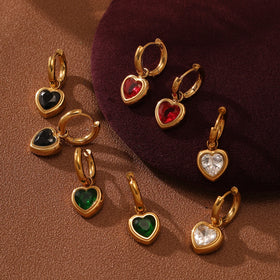 Colored Cubic Zirconia Dangle Hoop Earrings with Heart Pendant 18k Gold Plated Pvd Stainless Steel Woman Statement Earrings