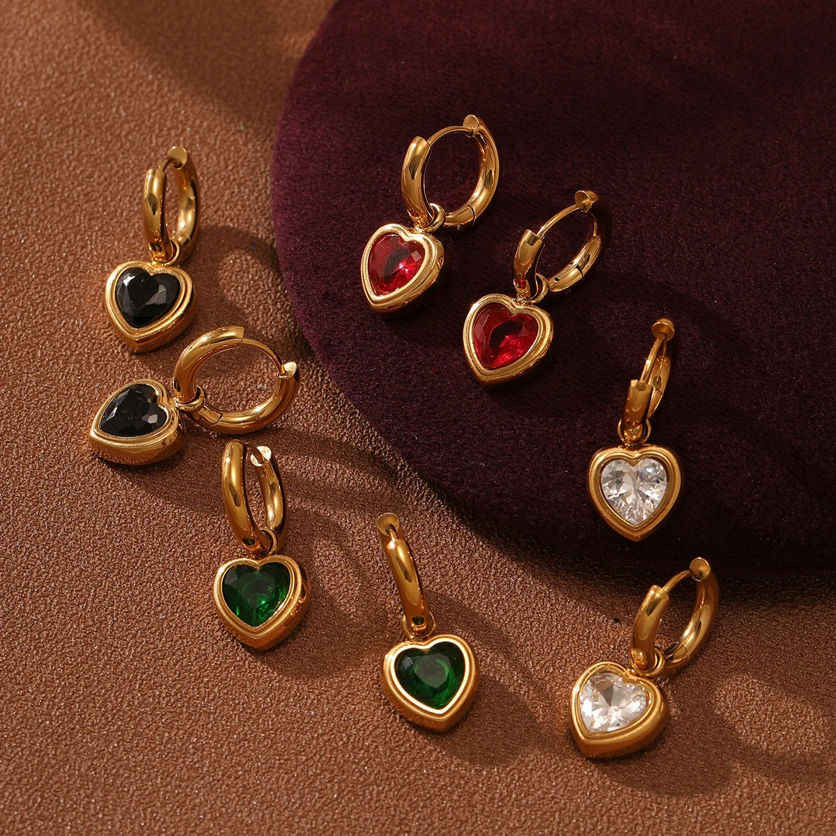 Colored Cubic Zirconia Dangle Hoop Earrings with Heart Pendant 18k Gold Plated Pvd Stainless Steel Woman Statement Earrings