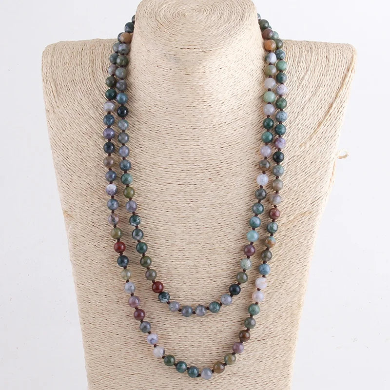 Women Necklace Fashion Bohemian Tribal Jewelry 8mm Long 126-128cm 2 Long Wrap Knotted Natural India Agate Gemstone Necklace