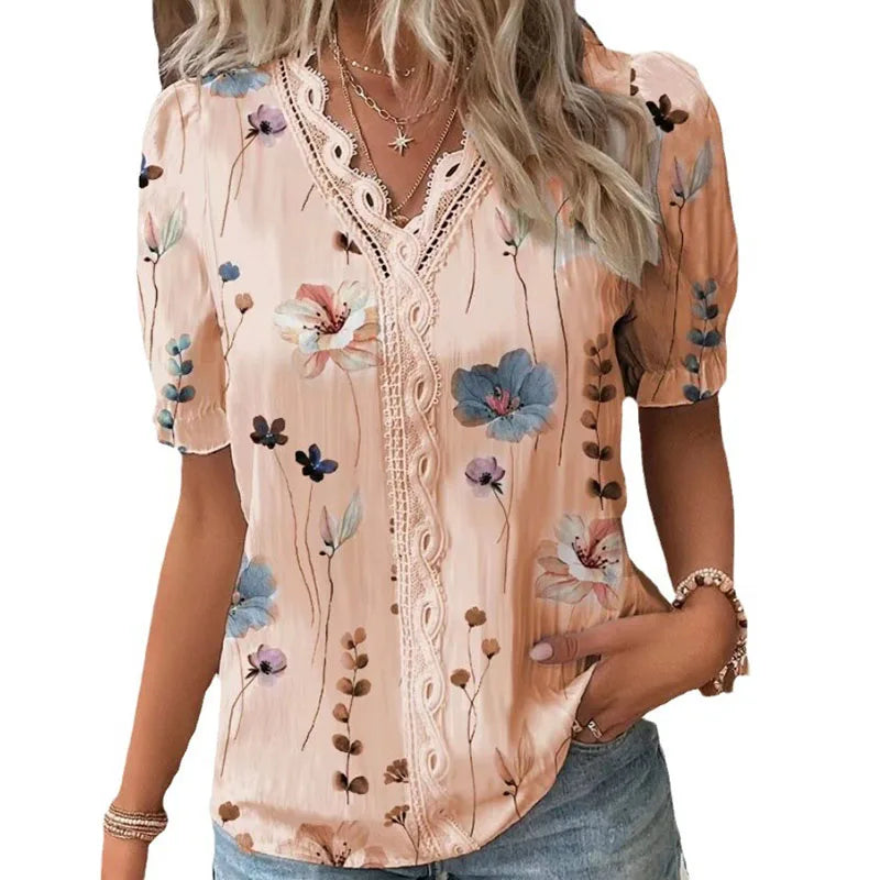 RNSHANGER Summer V-neck Lace Patchwork Printed T Shirt for Women Elegant Office Lady Short Sleeve Flower Print Pullover T-shirts