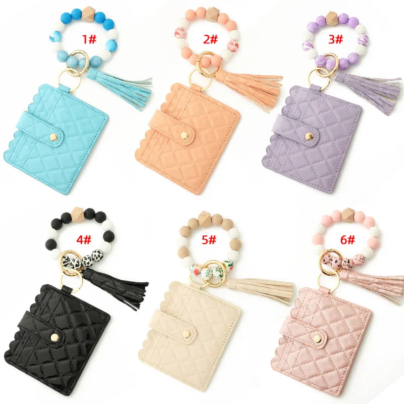 Wood Silicone Beaded Bangle Bracelets Key Rings Card Holder Wallets Leather Tassel Keychains for Women Fashion Accessories