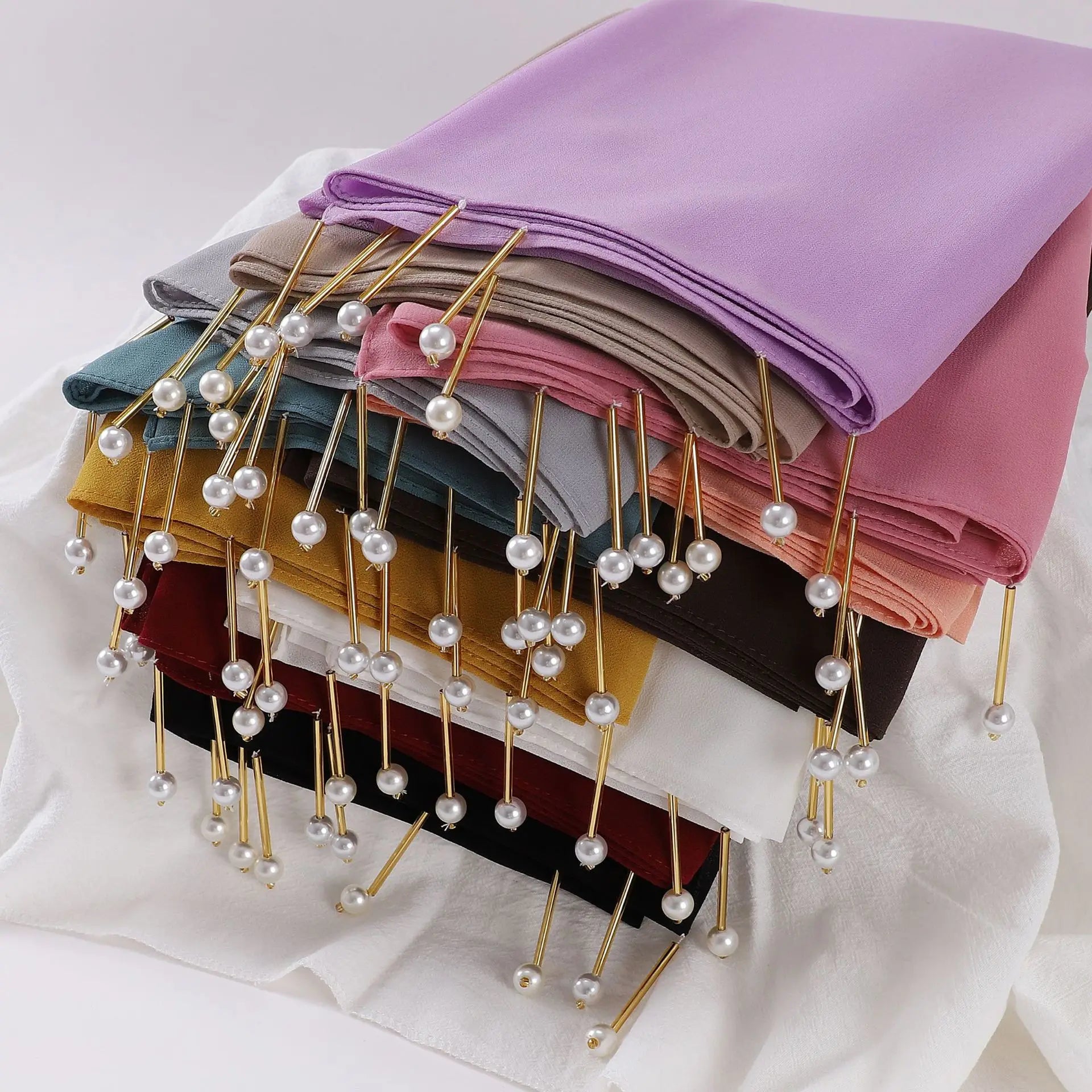 Premium Solid Color Chiffon Hijab Scarf Wholesale Ladies Fashion Steel Tube Pearl Pendant Muslim Shawls 2023 Summer New