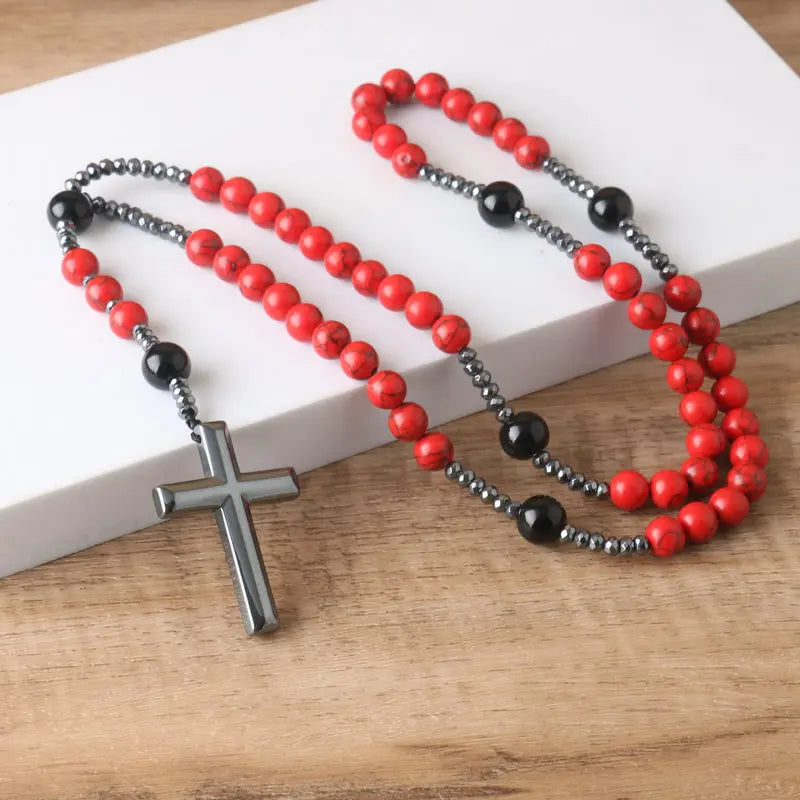 8mm Red Turquoise Beaded Catholic Rosary Cross Necklace for Men Women Jewelry Christ Meditation Jewelry Cross Pendant