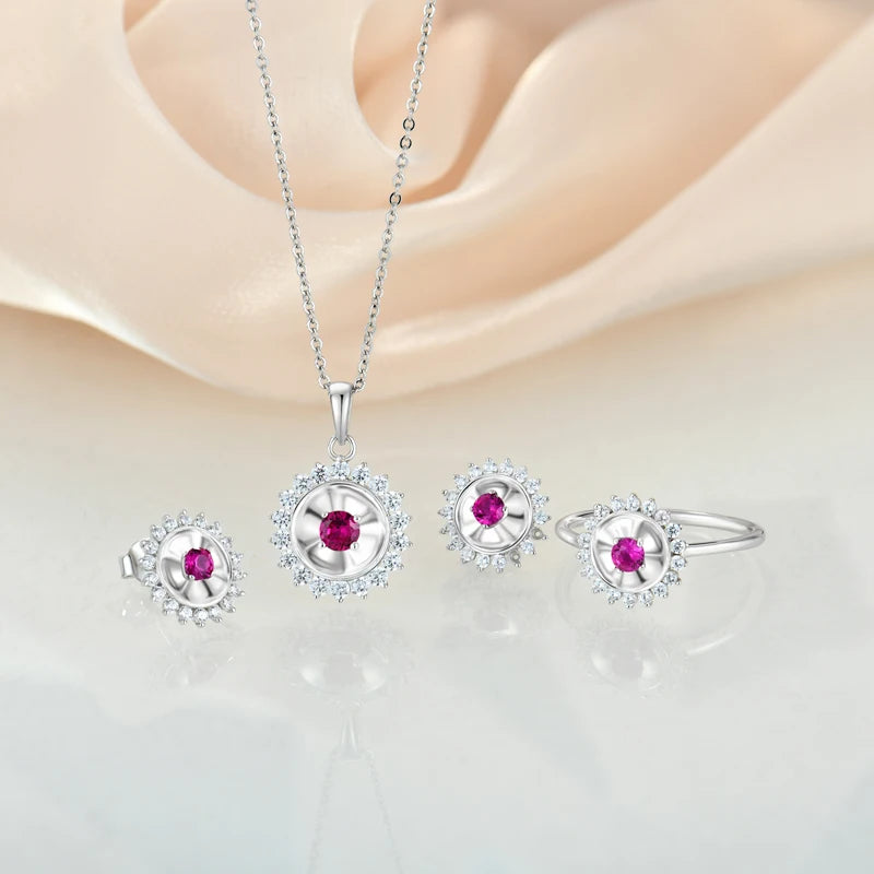 925 Silver Jewelry Charms Red Gemston Three Piece Jewelry Sets Engagement Women Necklace Earrings Rings Zircon Set