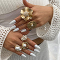Fashion Stacked Flower Irregular Imitated Pearl Ring for Women Trendy Lady Party Adjustable Finger Ring Jewelry Accessories Gift