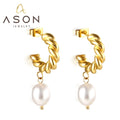 Ason INS Style 18K Gold-plated Freshwater Pearl C-Hoop Earrings Stainless Steel Jewelry C-shaped Women's Fashion Earrings