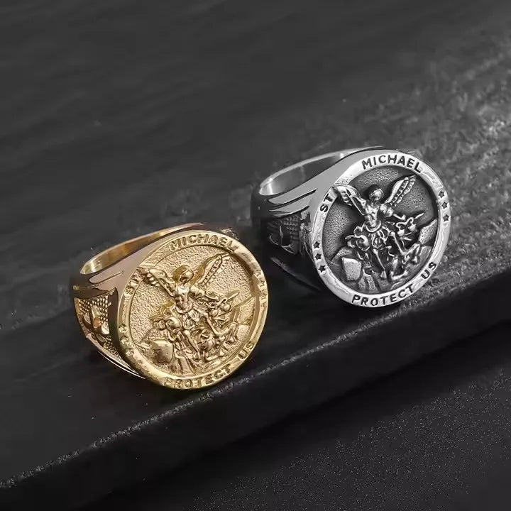 Vintage Punk Stainless Steel Catholic Jewelry Ring Archangel St. Michael Saint Protect Us Stainless Steel Amulet Men Ring
