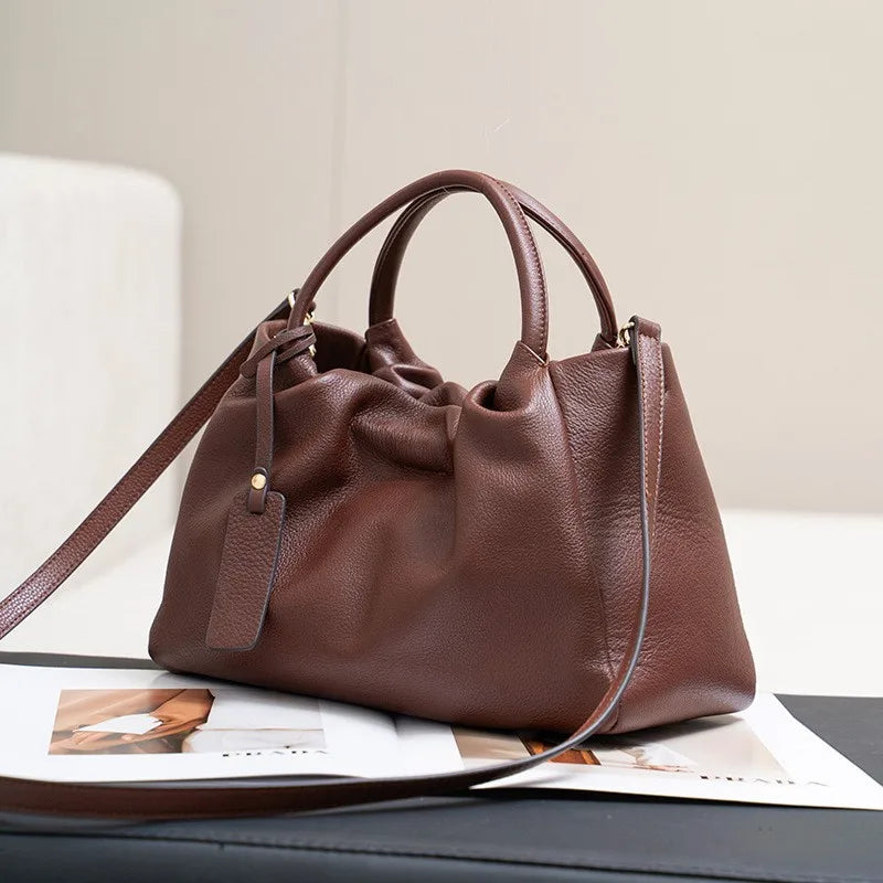 2025 Genuine Leather Women's Handbags Large-Capacity Crossbody Bags High-End Cowhide Feel Pleated Cloud Handbags