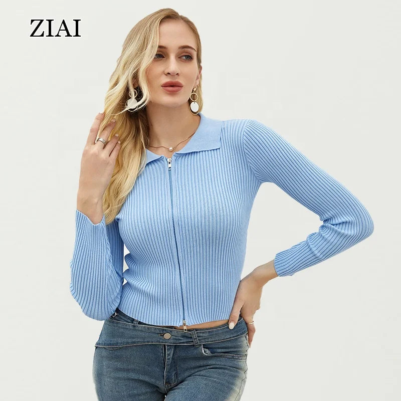 Polo Collar Knitted Cardigan Women's Thin Early Autumn New Style Slim and Thin Double-head Zipper Long-sleeved Top
