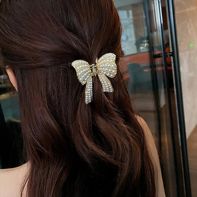 Tornante Bowknot Pearl Hair Accessories Elegant Hairpin  All-Match Grasping Clip Girl Long Rhinestone Bowknot Hair Hairpin
