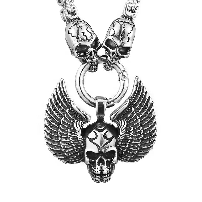 MECYLIFE Vintage Winged Skull Pendant Stainless Steel Skull Head Byzantine Chain Gothic Biker Jewelry Necklace