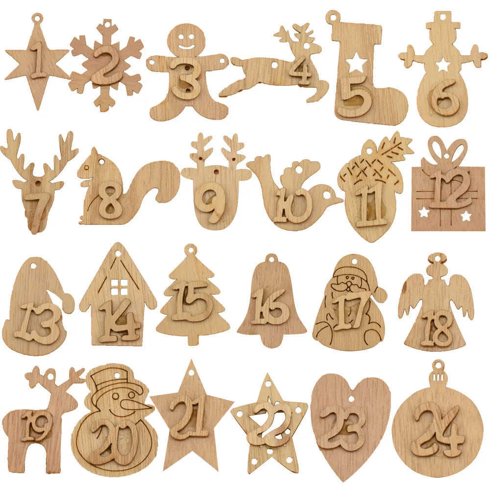 Countdown Christmas Calendar DIY Wooden Cartoon Shape Classic Style Silk Screen Printed 1 Color Pendant Household Party
