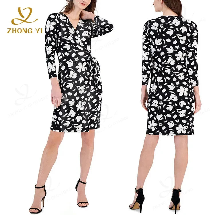 Women Clothing Manufacturers Custom 2024 Summer New Fashion Casual Long Sleeve Digital Print Waist Belt Shirt Midi Elegant Dress