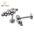 Titanium Implant Grade Internally Threaded Tops With 2 Descending Bezel Set CZ and Ball Clusters Labret Piercing