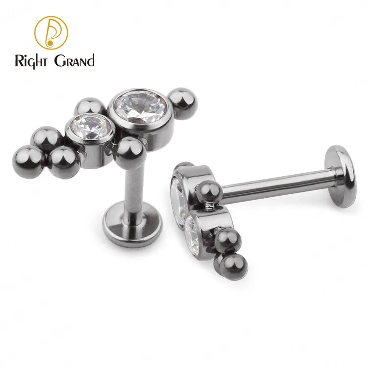 Titanium Implant Grade Internally Threaded Tops With 2 Descending Bezel Set CZ and Ball Clusters Labret Piercing