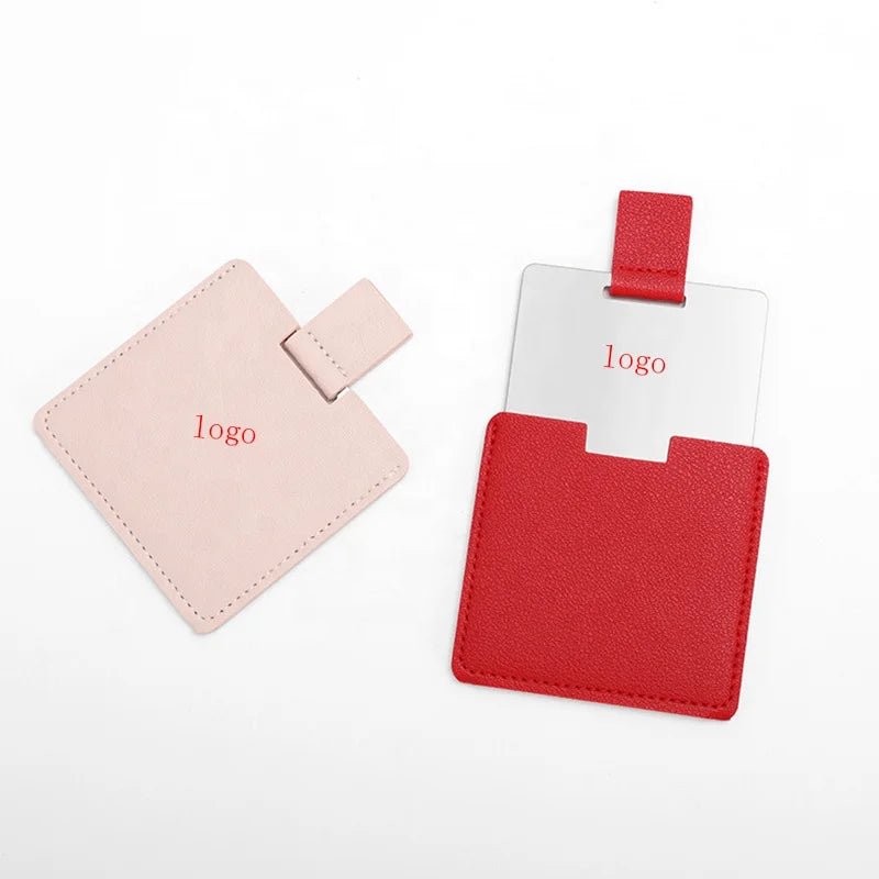 Customized logo Portable Makeup Mirror Stainless Steel Card Mirror With PU Leather Pocket Gift