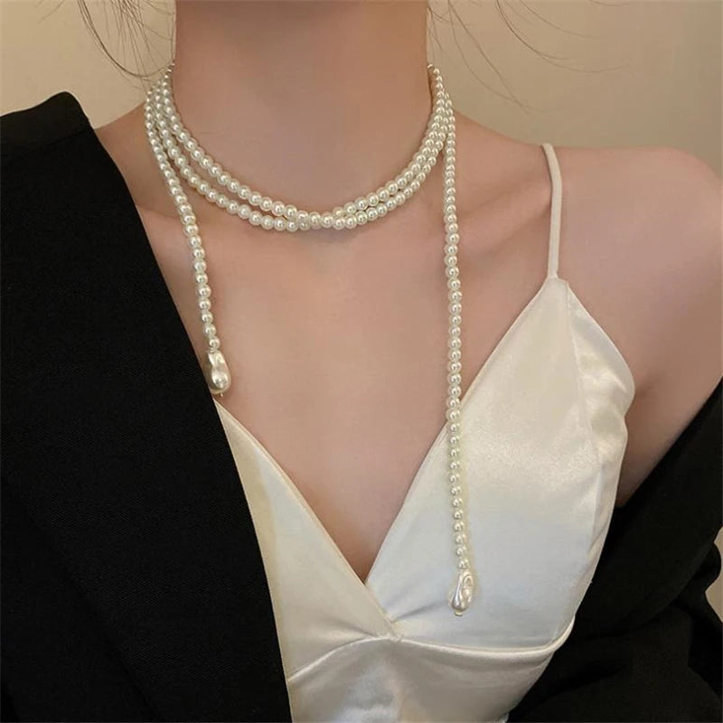 Collar De Retro Long Pearl Necklace Simple Temperament Design Clavicle Chain Personality New Pendant Beaded Female Necklace