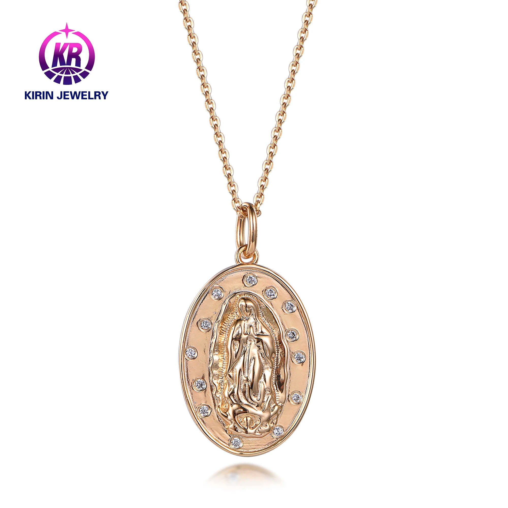 Kirin Religious Beguadalupe Jesus Saint Benedict Flower Design 18K Gold Plated Pendant Necklace with Link Chain