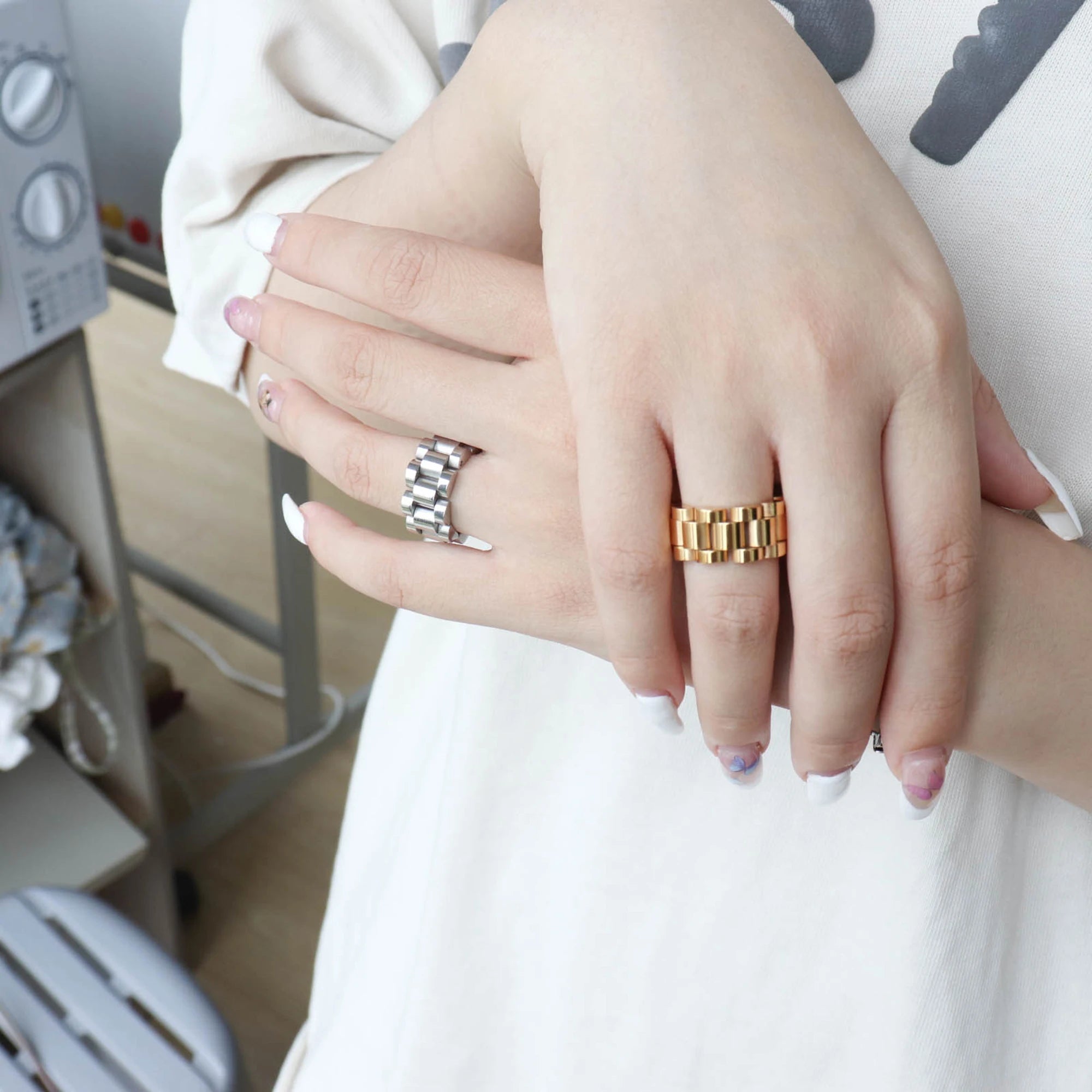 Chris April in Stock Luxury 316L Stainless Steel Minimalist PVD Gold Plated Watch Strap Chain Ring Jewelry