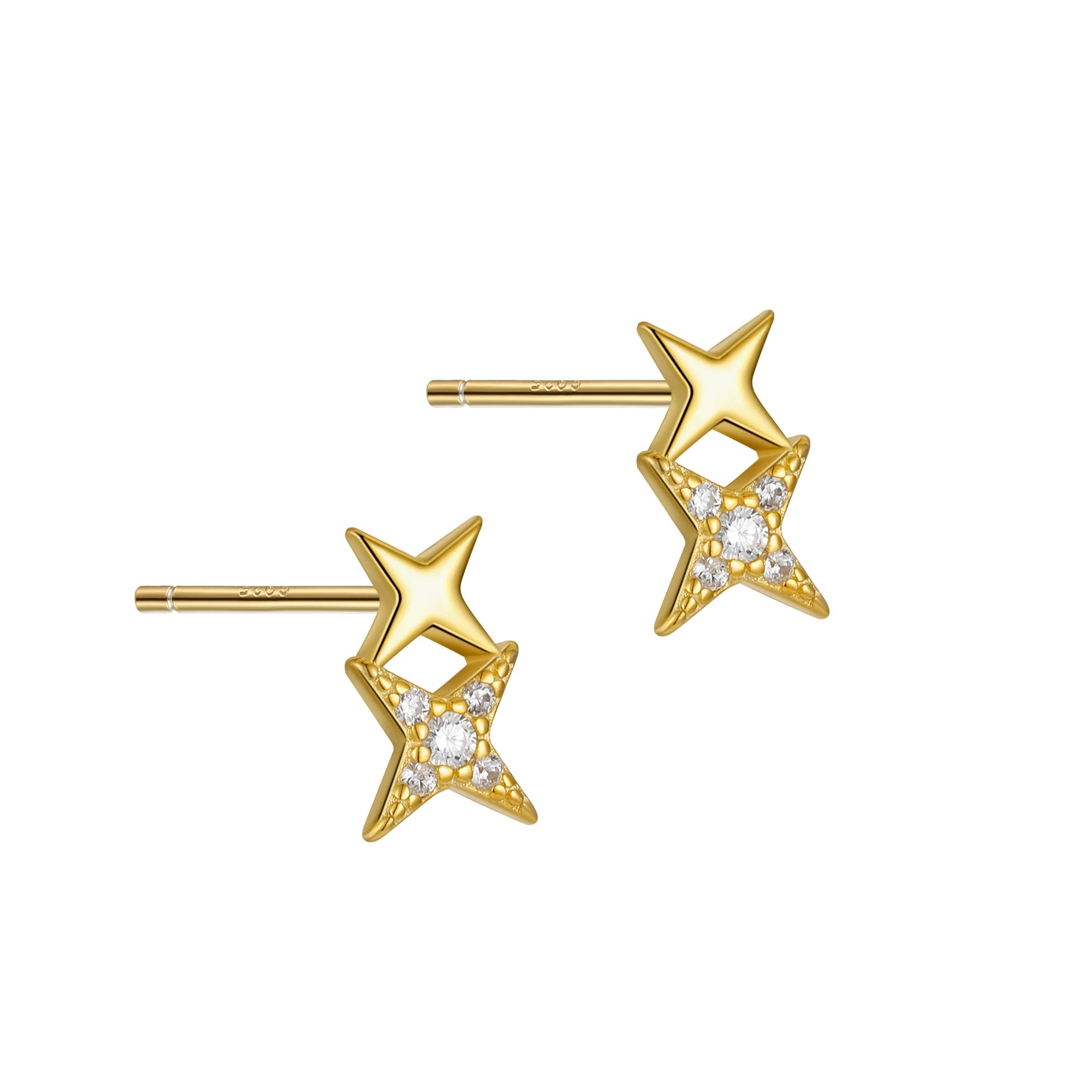 925 Sterling Silver Inlay Zircon Double Four Star Stud Earrings Classic New Trendy Elegant Gold Plated for Women