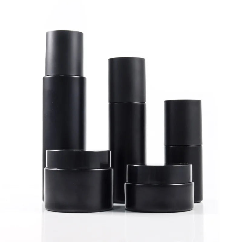 High Grade Empty Cosmetic Packaging Set 30ml 60ml 100ml Black Lotion Toner Glass Bottles with Pump Sprayers