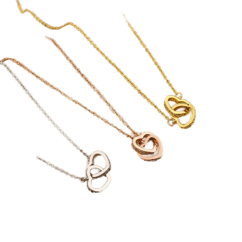 Creative Double Heart Necklace Gold Plated Titanium Steel Pendant Trendy Simple Love Style Valentine's Day Gifts Zircon Stones