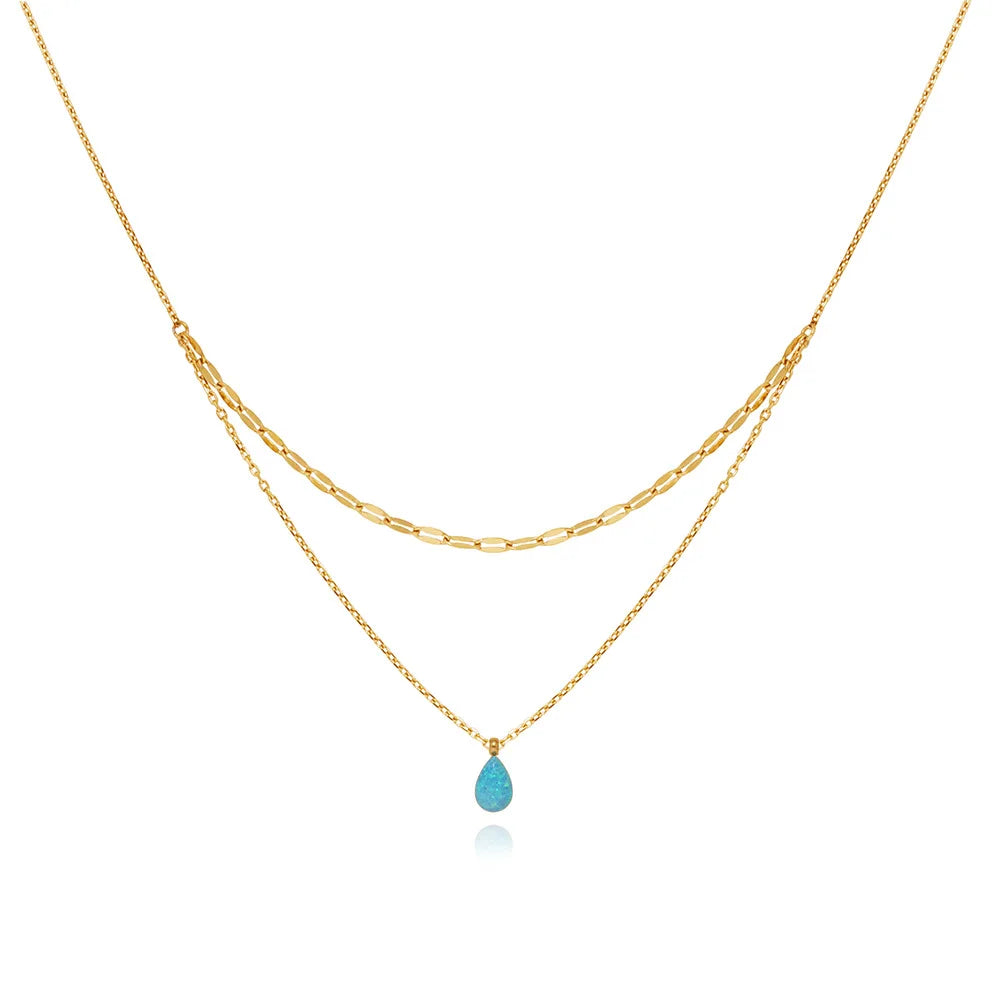 Joolim Jewelry 18K Gold Plated Blue Teardrop Artificial Stone Pendant Double-layer Necklace Trendy Stainless Steel Jewelry