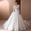 Luxury Senior Wedding Dress 2023 New Summer Bride Square Collar Long Sleeve Lace Slim Train Fluffy Embroidery A-Line