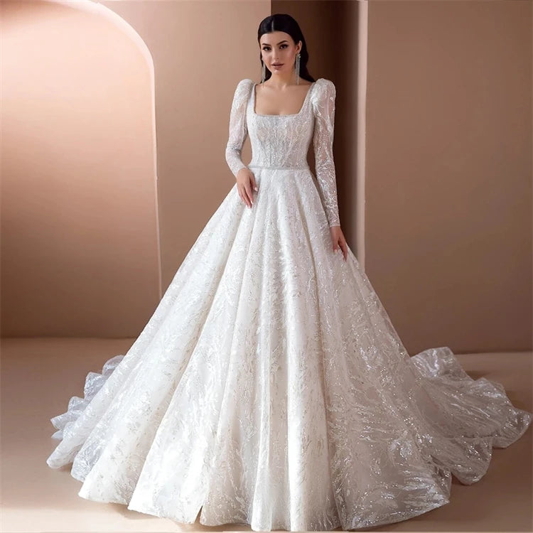 Luxury Senior Wedding Dress 2023 New Summer Bride Square Collar Long Sleeve Lace Slim Train Fluffy Embroidery A-Line