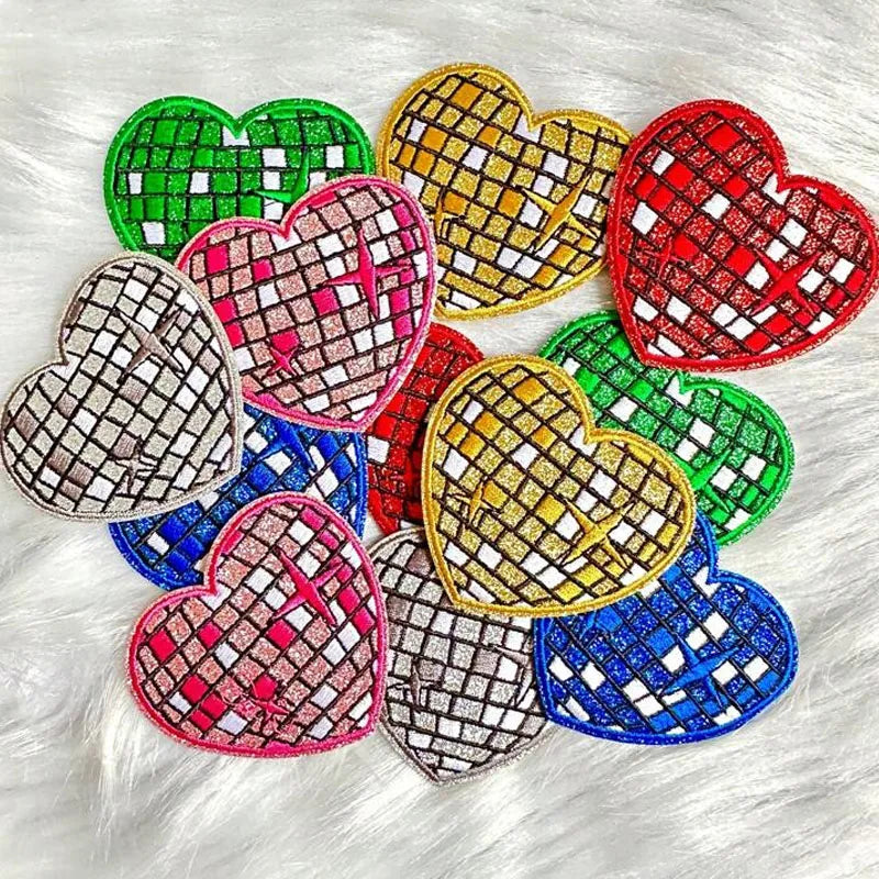 Custom Wholesale Disco Ball Heart Embroidered Patch Backpack Patch Embroidery Glitter Iron on Patch for Clothes Bags Decoration