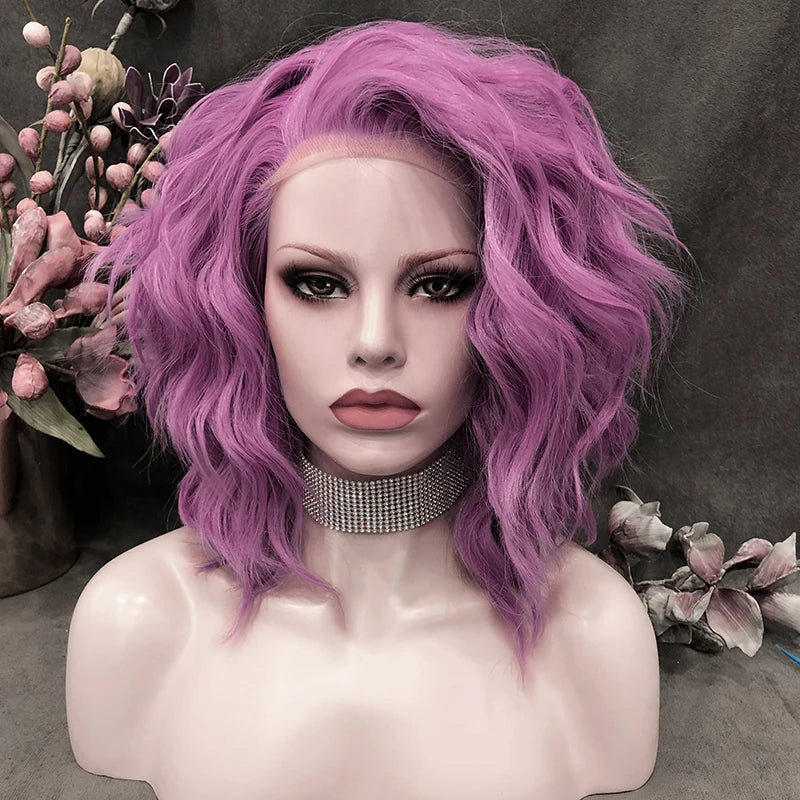 Celebrity 14inch Purple Short  Dark Roots Curly Wig Cosplay Premium Synthetic Wigs Futura Heat Resistant Synthetic Hair Wig