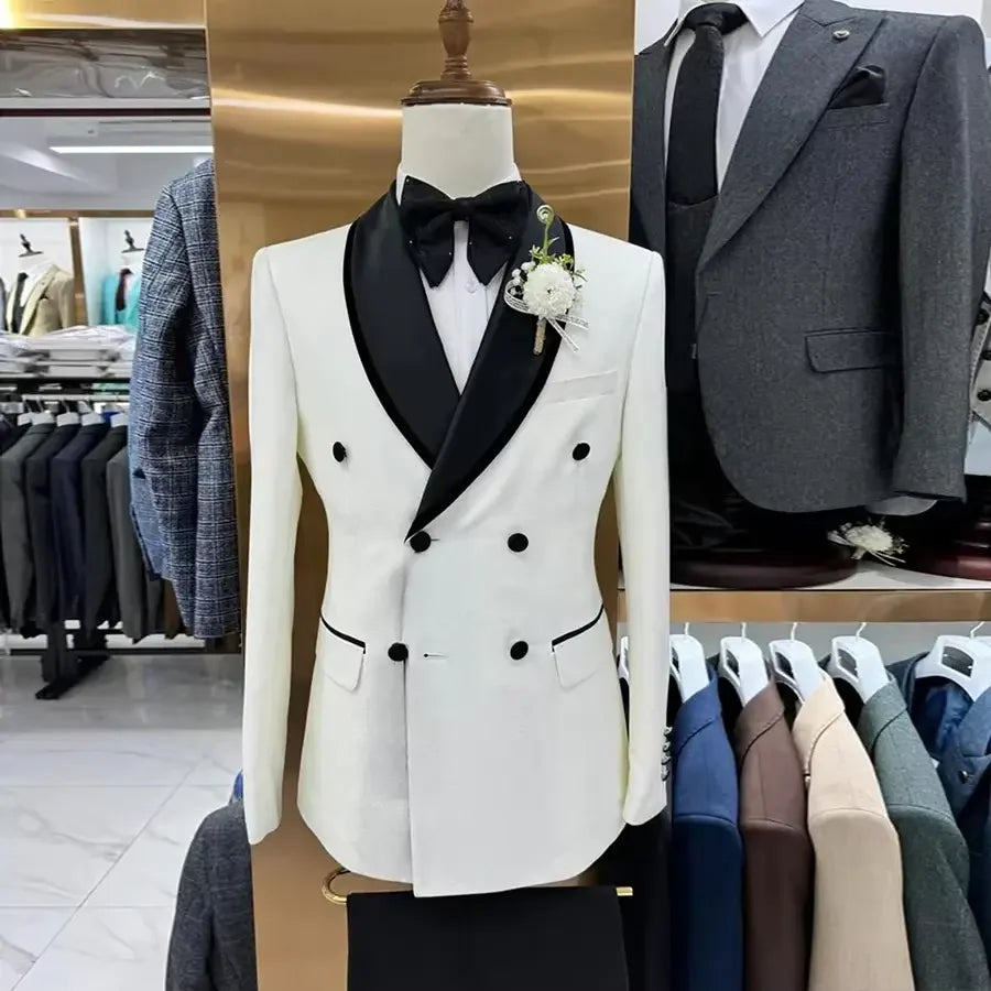 Handsome White Black Men's Suits Jacket Pants Set Double Breasted Wedding Groomsman Tuxedos Men Suit 2 Pieces Set Male Blazers