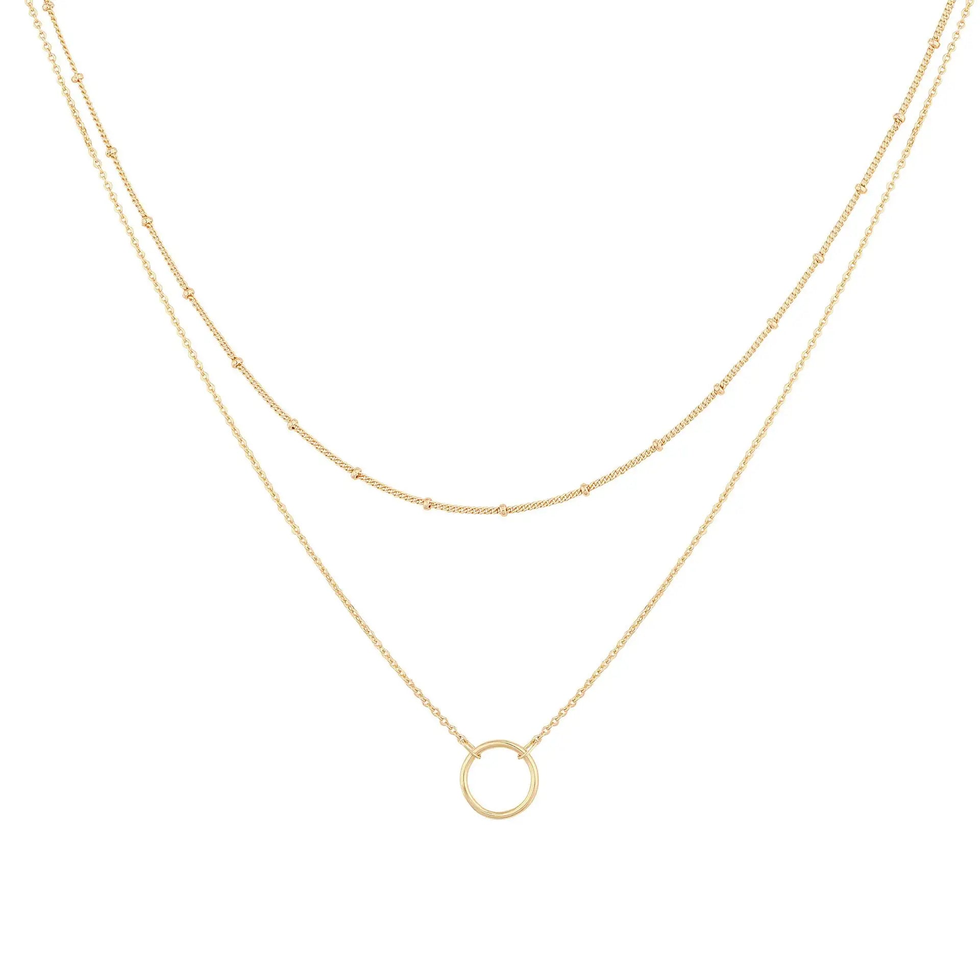 Simple Women's Stainless Steel Plated 18K Gold Chain Hollow Circular Pendant Choker Double Stainless Steel Necklace