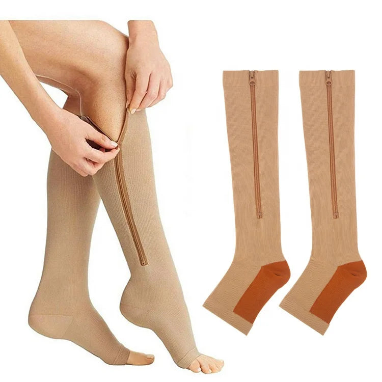 Zipper Compression Socks Open Toe Knee Length Stockings Women's Slim Sleeping Beauty Leg Prevent Varicose Veins