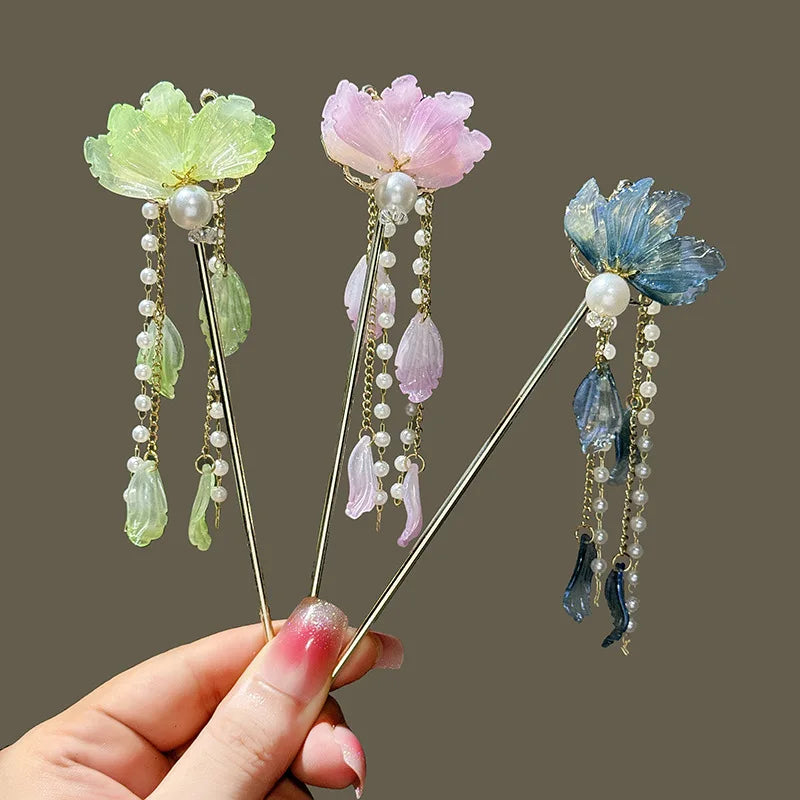 Fairy Pearl Hair Stick Chinese Style Metal Tassel Hairpin Forks for Women Vintage Hanfu Party Tiaras Cheongsam Decor Hair Clasp