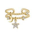 Merryshine Jewelry S925 Adjustable Zircon Niche Design Sense Cut Stone Open Trendy Hip Hop Gold Star and Moon Ring