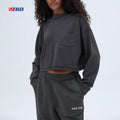 Custom Puff Print Cropped Crew Neck Hoodie for Women Cotton Polyester Crop Top Crewneck Sweatshirt With Pockets