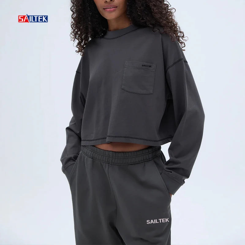 Custom Puff Print Cropped Crew Neck Hoodie for Women Cotton Polyester Crop Top Crewneck Sweatshirt With Pockets