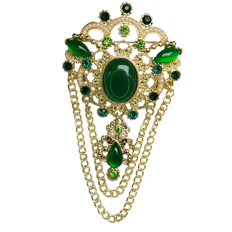2022 Fashion Accessory Vintage Brooch Vintage Gem Court Pin Silk Scarf Buckle Layered Long Chain Tassel Luxury Brooch Pin Women